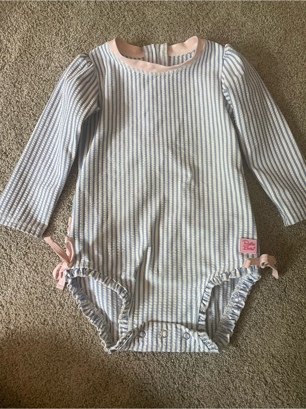 Ruffle Butts Blue & White Striped Long-Sleeve One-Piece with Pink Trim
